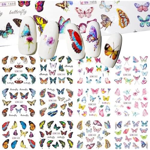 12 Designs Butterfly Series Nail Sticker Colorful Water Tattoo Pattern For Manicures Nail Art Slider Decoration New BN1645-1656