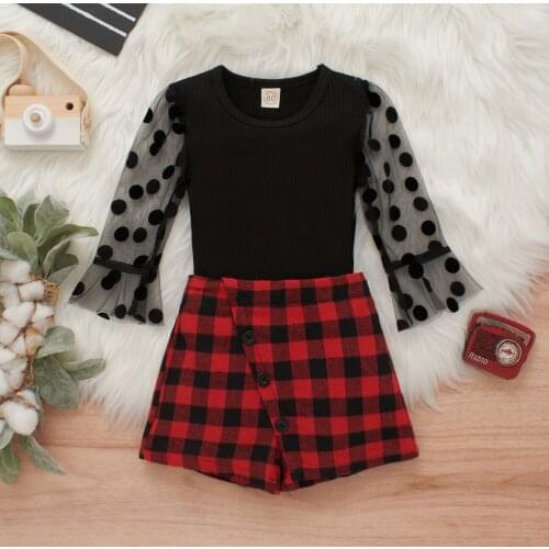 2Pcs Sweet Style Baby Girls Clothes Autumn Outfits Mesh Splicing Dot Long Sleeve Round Collar Knitted Tops + Plaid Pantskirt Set
