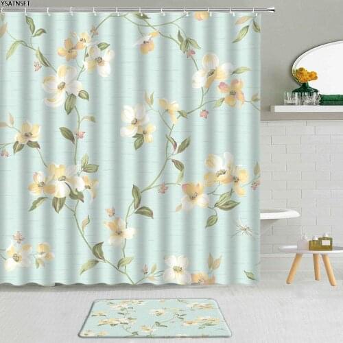 2Pcs Simple Floral Shower Curtain Green Background Creative Birds Flower Fabric Non-Slip Bath Mat Decor Bathroom Curtains Set