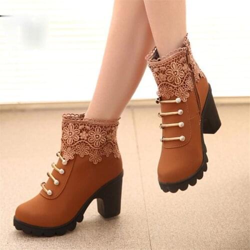 Hot Women PU Pattern Ankle Boots shoes Sexy Lace Cuff Thick Heel Women Boots Fall Winter Fashion Black Martin Women Shoes mujer
