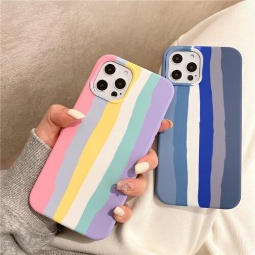 Original Quality Rainbow Stripe Gradient Color Soft Liquid Silicone Case For iPhone 12 11 Pro Max XR XS Max 8 7 Plus SE Cover