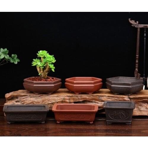 Exquisite Purple Sand Flowerpots Square Hexagonal Fleshy Personality Ceramic Potted Classical Desktop Bonsai Pots Decoration