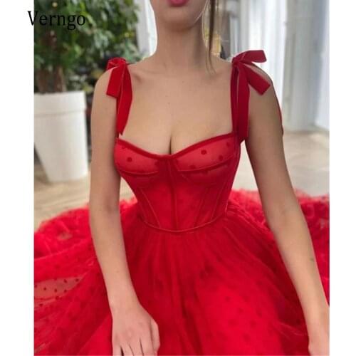 Red Polka Dots Tulle A Line Evening Dress 2021 Spaghetti Straps Tied Bow Shoulder Tea Length Party Graduation Prom Dress платье