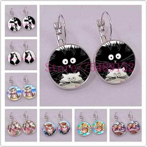 Colorful Family of Cats Girl Stud Earring Black and white cat 15mm Glass Cabochon Womens Earrings Gift for Wedding