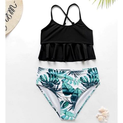 Falbala Girl Swimsuit Kids 2 Piece Childrens Swimwear Tankini Cross Back Girl Bikini Set Palm Tree Girls Bathing Suit Beachwear