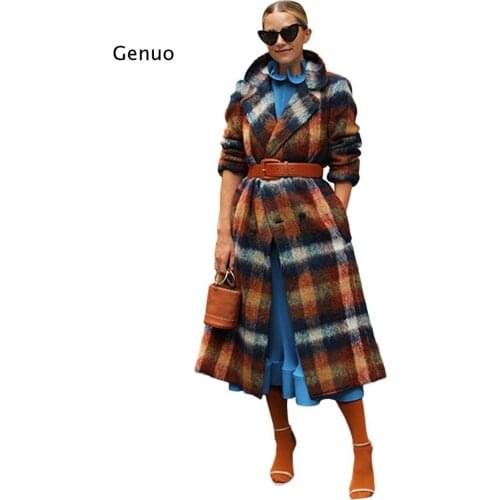 Women Plaid Woolen Jackets Autumn Winter Turndown Collar Long Jacket 2020 Casual Warm Overcoat Fashion Double Breasted Coats