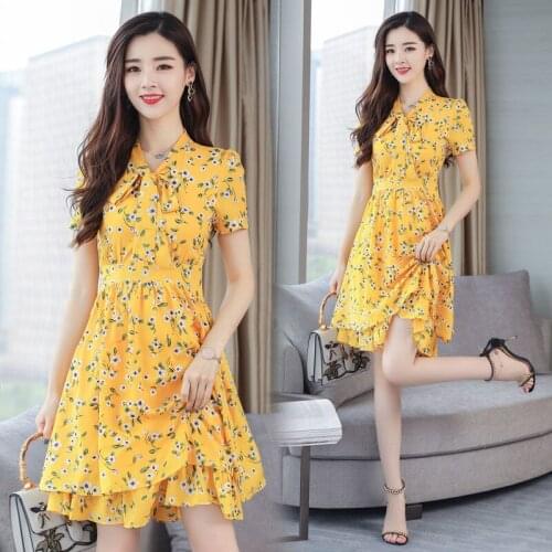 Summer Chiffon Floral Print Knee-length Short Sleeve V-neck A-line Patchwork Lotus Leaf Yeelow Pink Green Women Dress