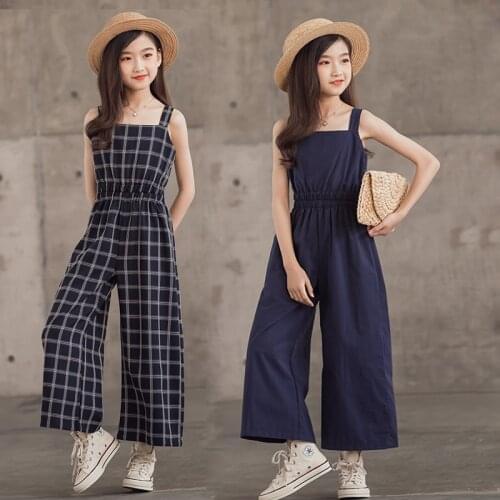 Teen Summer Jumpsuit for Kids Fashion Plaid Sling Bodysuit Girls Wide Leg Jumpsuit Children Clothing 12 13 14 Years Girls Outfit