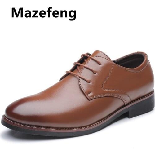 Mazefeng Mens Brand Leather Formal Shoes Lace Up Dress Shoes Oxfords Fashion Retro Shoes Elegant Work Footwear Drop Shipping