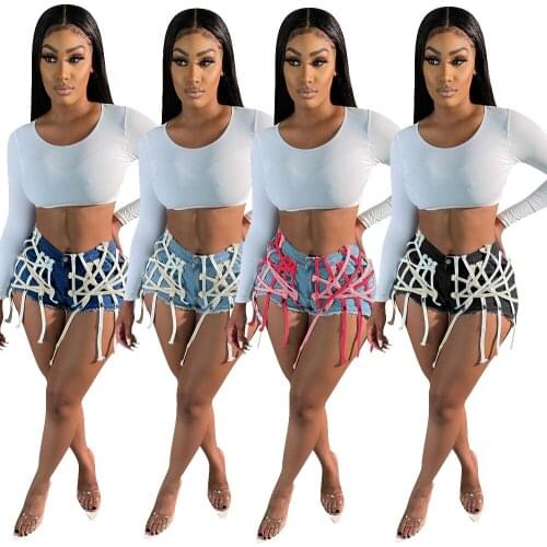 Fashion Girls Denim Shorts Summer 2021 Hottest Zipper Hollow Out Bandage String Tassels High Waist Casual Jeans Street Wear