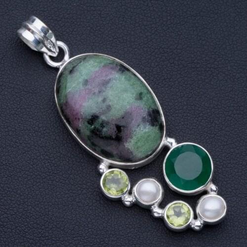 Natural Ruby Zoisite,Chrysoprase,Peridot and River Pearl 925 Sterling Silver Pendant 2 1/4" P0760