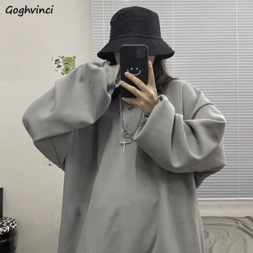 Solid O-neck No Hat Hoodies Women Simple Loose Pullovers Japanese Style Chic Harajuku Leisure Trendy Ulzzang Outwear Plus Velvet
