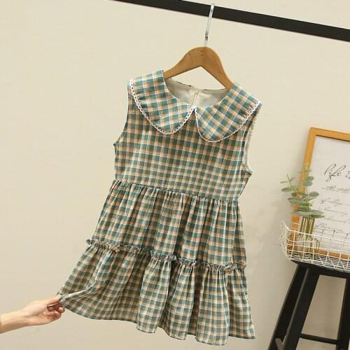 Girls Casual Dresses for Girls Peter Pan Collar Dress 2021 Summer Kids Plaid Clothing 6 8 10 12 Princess Dress Korean Clothes