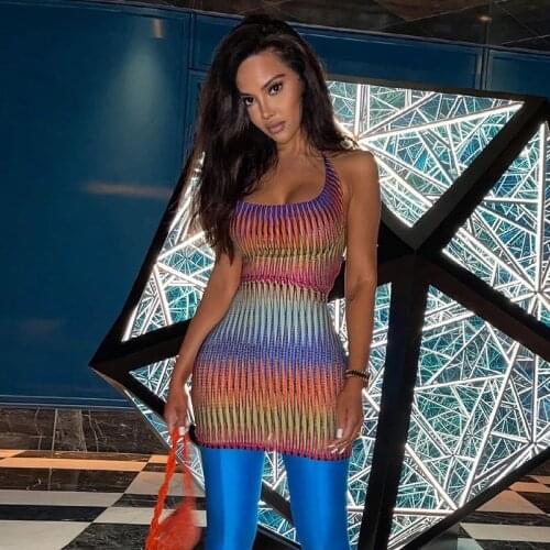Stripe Mini Dress For Women Hollow Out Sheath Dresses Contrast Color Sexy Backless Low Cut Night Club Summer 2021 Baddie Style