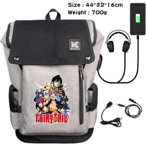 Cartoon Backpack Anime FAIRY TAIL Casual USB Charging Teenager Headphone Laptop Bag Zip Travel Student Canvas Schoolbag