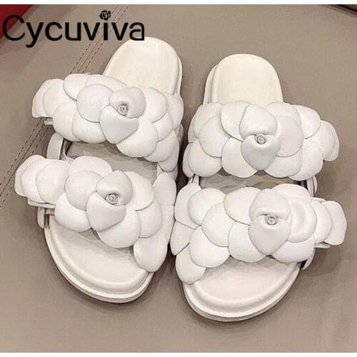 Genuine Leather Flower Flat Slippers Women Open Toe Flip Flops Casual Mules Beach Slides Summer Shoes Woman Flat Sandals