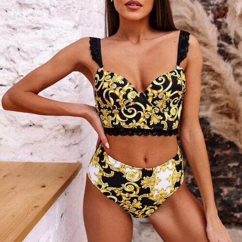 2Pcs Women Bikini Set Summer Swimsuit Floral Print V-Neck Padded Crop Tops + Middle Waist Briefs Set for Girls