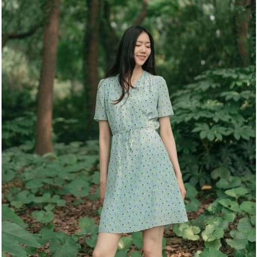 2020 womens spring and summer new fashion crepe de Chine silk lace up tea dress