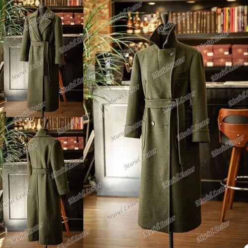 Winter Thick Wool Blends Custom Made Double Breasted Formal Overcaot Long Smoking Business Blazers Terno Masculino Green Coat