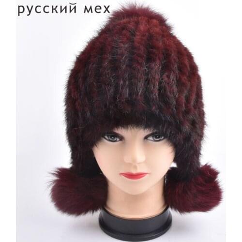 Winter Hats Caps Earmuffs for Women Knitted Real Mink Fur Hat with Fox Fur Pompoms Cap Ladies Snow Hat Cap Winter