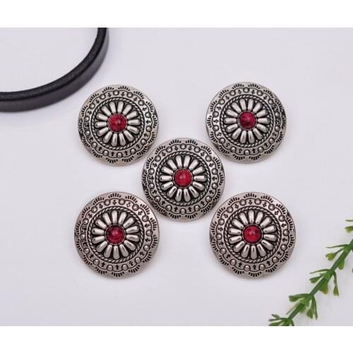 10pcs 30X30mm Flower hair Bobbles Bling Silver Tribal RED Bead Flower Leathercraft Saddles Sewing Back Shank Conchos