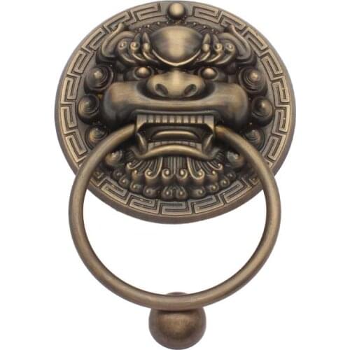 14cm Brass Antique Wooden Door Handles Lion Carving Retro Decoration Gate Ring Handle Knocker Chinese Bronze Round Doorknockers