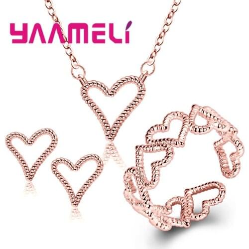 3 Pcs/Set Hot Womens Fashion Bride Wedding Jewelry Set 925 Sterling Silver Hollow Heart Necklace Open Ring Earrings Sets
