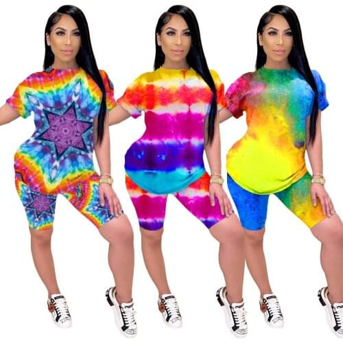 2Pcs Tank Top And Shorts Set Women Tie Dye Short Sleeve Cami Top And High Waist Shorts Sport Suit Two Piece Outfits For Women