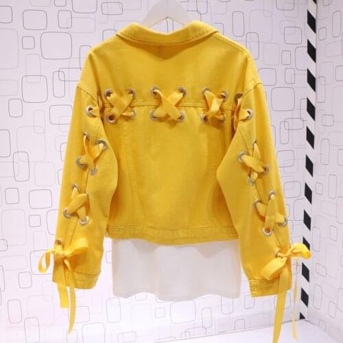 New Harajuku Korean Loose Yellow Denim Jacket Womens Short Basic Coat Cross Straps Fashion 2021 Spring Autumn Outerwear
