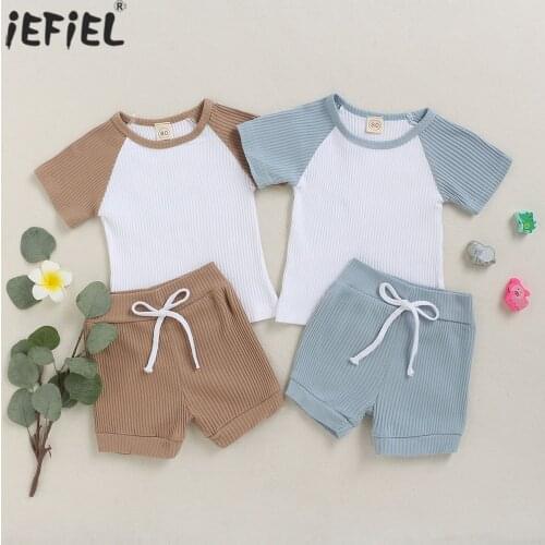 Summer 2021 Baby Boys Girls Clothing Sets Toddler Kids Girls Ribbed Knitted Short Sleeve T-shirts Tops+Shorts Tracksuits Outfits