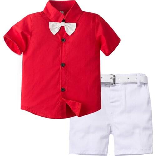 Fashion Boys Set 1-6 Years Summer Children Wedding Party Costume Red Short Sleeve Shirt + White Pants Infant Kids Clothing
