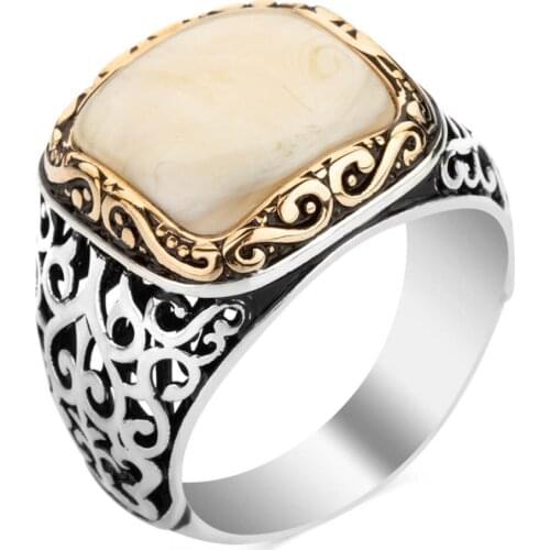 925 Sterling Silver Rectangular Design Silver Mens Ring with White Mother of Pearl Stone Exclusive Ring Plain Ring