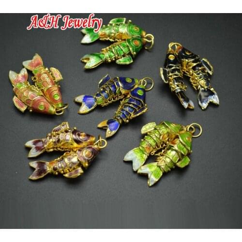 New Arrival Conjoined Cloisonne Fish Pendants Green Blue Black Brown Mixed Color For Fashion Women Jewelry Making 10pc/lot
