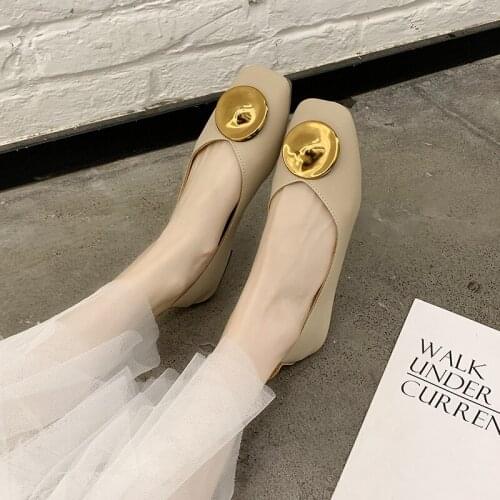 New Ladies Spring Square Toe Shallow Mouth Flat Work Shoes Simple Stylish Single Shoes Metal Sense European Style Shoes U19-49