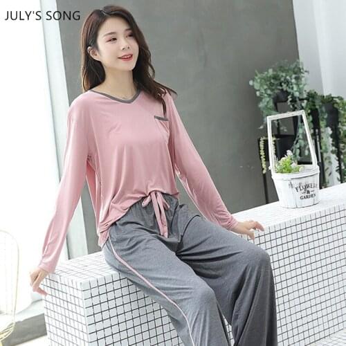 JULYS SONG Modal Women Pajama Set Casual Solid Color Autumn Winter Simple 2 Pieces Soft Loose Long-sleeved Trousers Sleepwear