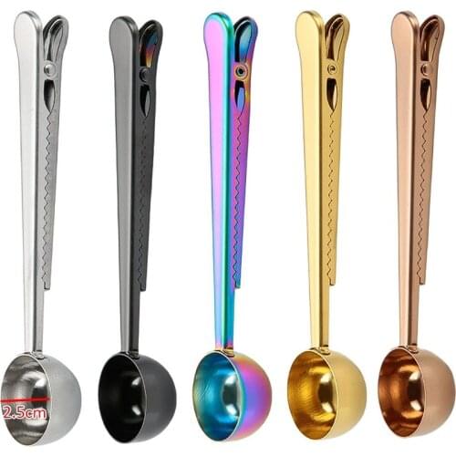 Two-in-one Stainless Steel Coffee Spoon Sealing Clip Kitchen Gold Accessories Milk Powder Stirring Spoon Measuring Scoops