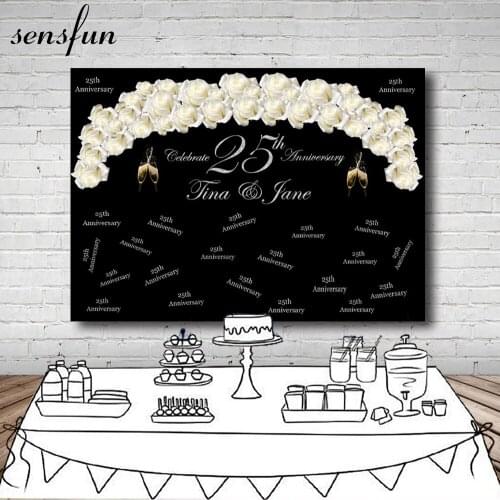 Sensfun Wedding 25th Anniversary Black Photography Backdrop Rose Flower Champagne Backgrounds For Photo Studio Vinyl