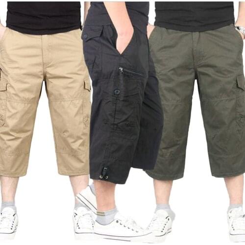 Summer Mens Casual Cotton Cargo Shorts Overalls Long Length Multi Pocket Hot breeches Military Capri Pants Male Cropped Pants