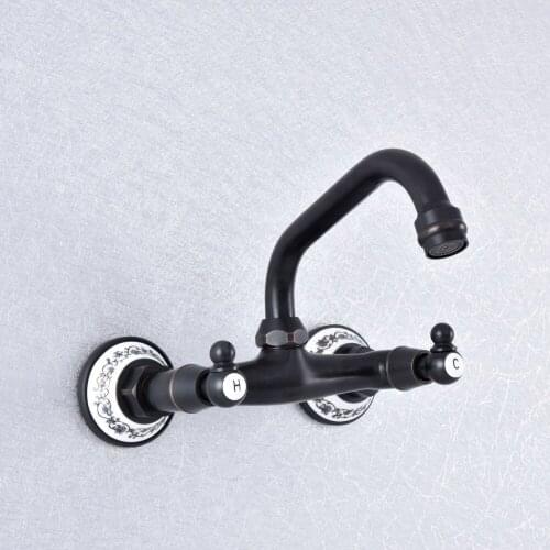 Oil Rubbed Bronze Double Handle Kitchen Faucet Wall Mounted 360 Degree Rotate Bathroom Kitchen Mixers Hot and Cold Tap Nsf730