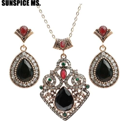 SUNSPICEMS Vintage Turkish Wedding Jewelry Set for Women Big Crystal Drop Earring Pendant Necklace Set Indian Bridal Bijoux Gift