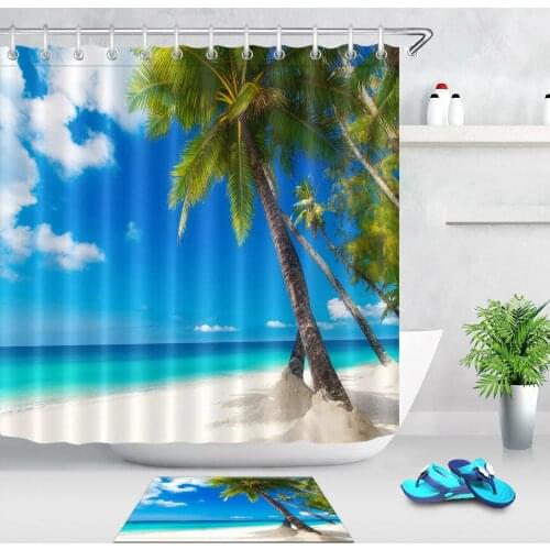 Palm Tree and White Sand Beach Fabric Shower Curtain Set Bathroom Curtains 180CM