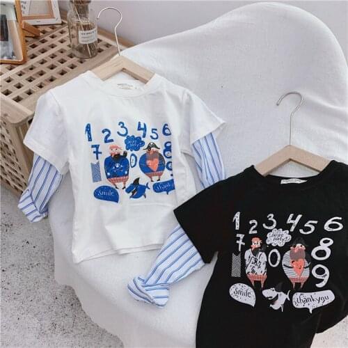 2020 Spring Toddler Boys T-shirts Cartoon Print Casual Stripes Splice Tops For Boy Kids Clothes 2 3 4 5 6 Years Children Tshirts