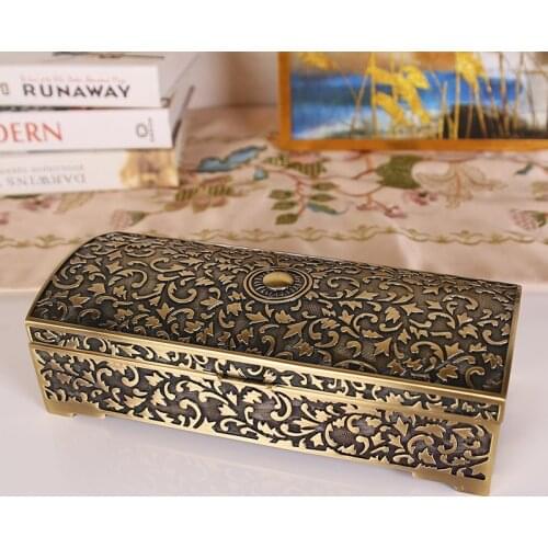 Vintage Jewellery Storage Box Bronze Color with Mirror Gift for Girls Women Wife Hair Accessories Metal Organizer Decor Art