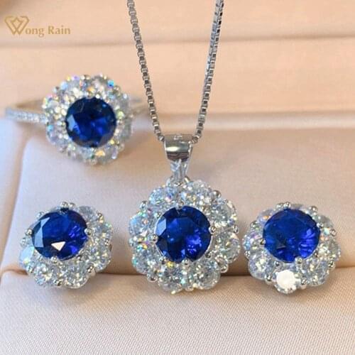 Wong Rain Classic 925 Sterling Silver Sapphire Created Moissanite Necklace/Earrings/Rings Cocktail Engagement Jewelry Sets Gifts