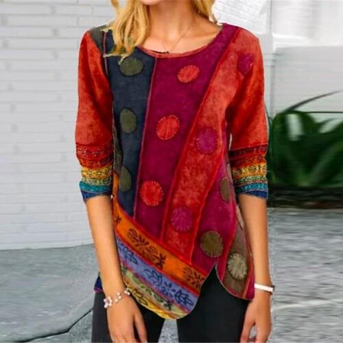 New Retro Printed Side Irregular Shirt 2021 Spring Elegant O Neck Patchwork Top Autumn Long Sleeve Women Shirts Pullover