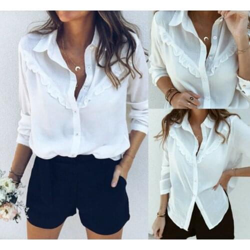 US Stock Meihuida Spring Women Blouses Casual Long Sleeve Turn-down Collar Loose Blouse OL Ladies V Neck Shirt Top