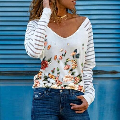 Striped T-shirt Womens Fashion Flower Print V-neck Plus Size Long-sleeve Tops T-shirt Femme Manga Larga Women Tshirt Camiseta