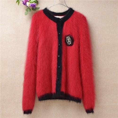 Female women autumn winter christmas red slim hairy mink cashmere long sleeves cardigans angora fur knitted sweater coat jacket