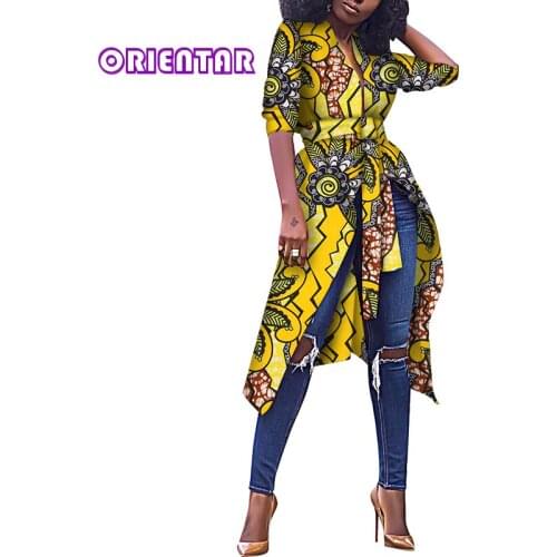 African Print Trench Coat for Women African Wax Print Long Shirt Coats Bazin Riche Women Clothes Waist Belt Female Trench WY7176