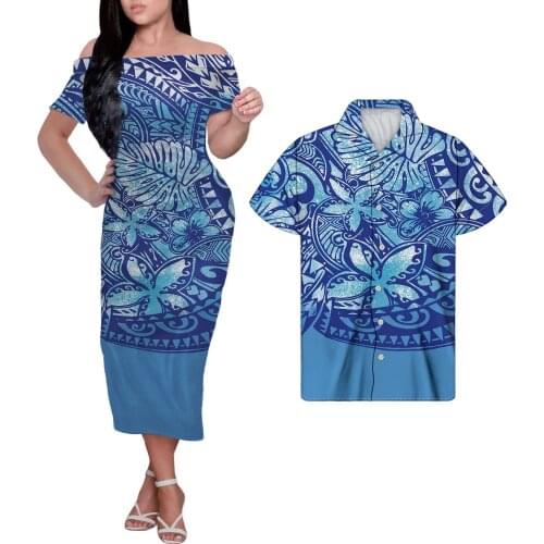 HYCOOL Plain Royal Blue Dress Fashion Polynesian Tattoos Print One Shoulder Long Dresses Lady Elegant Casual Plus Size Clothing